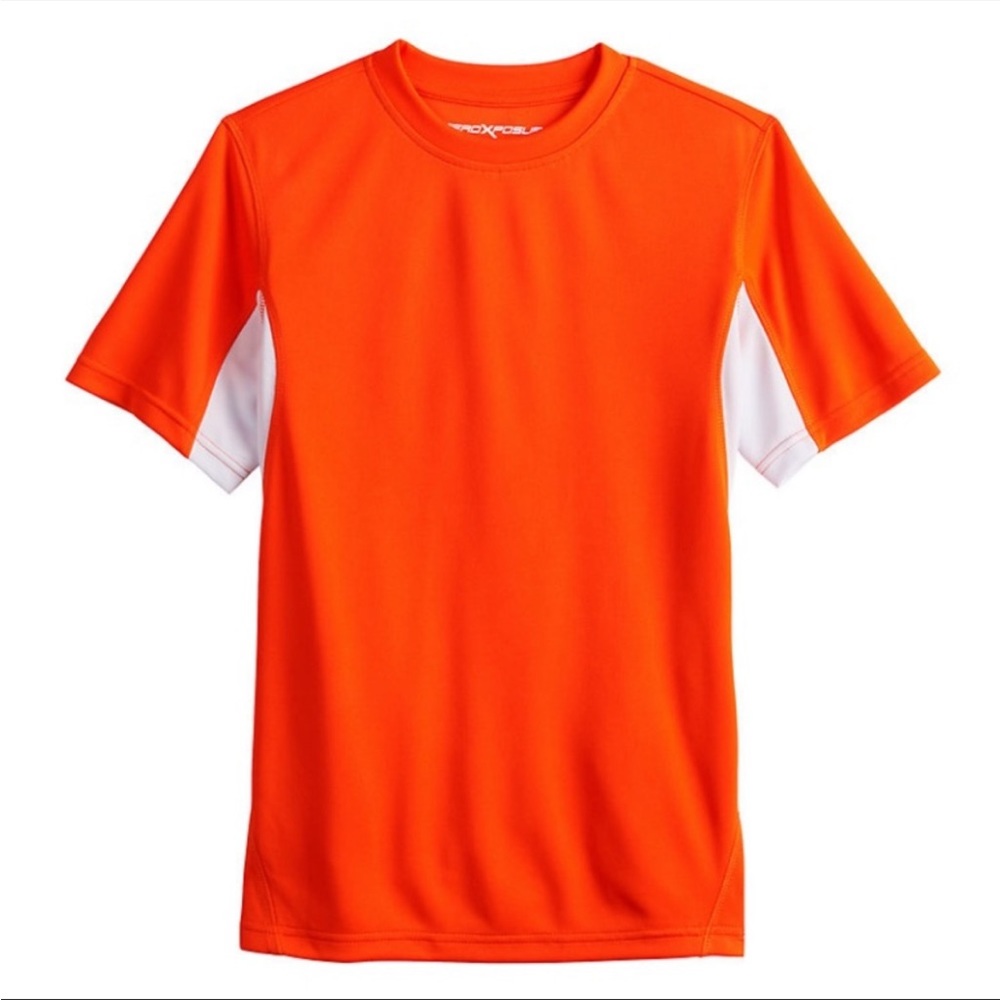 Orange and white short sleeve ZEROXPOSUR rash guard.